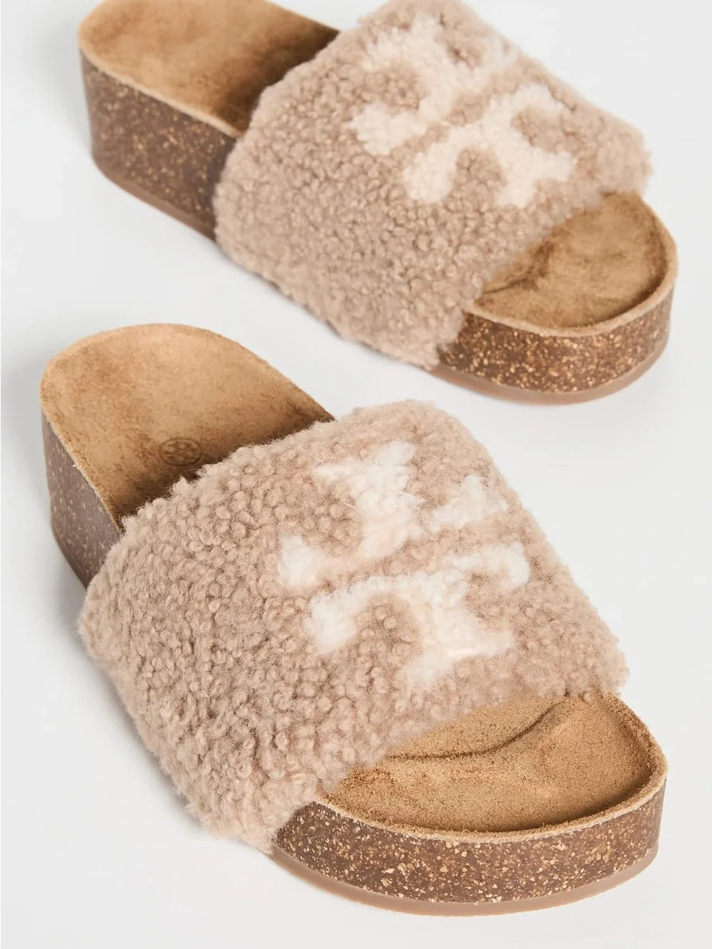 Tory Burch Beige Shearling Platform Slide Sandals